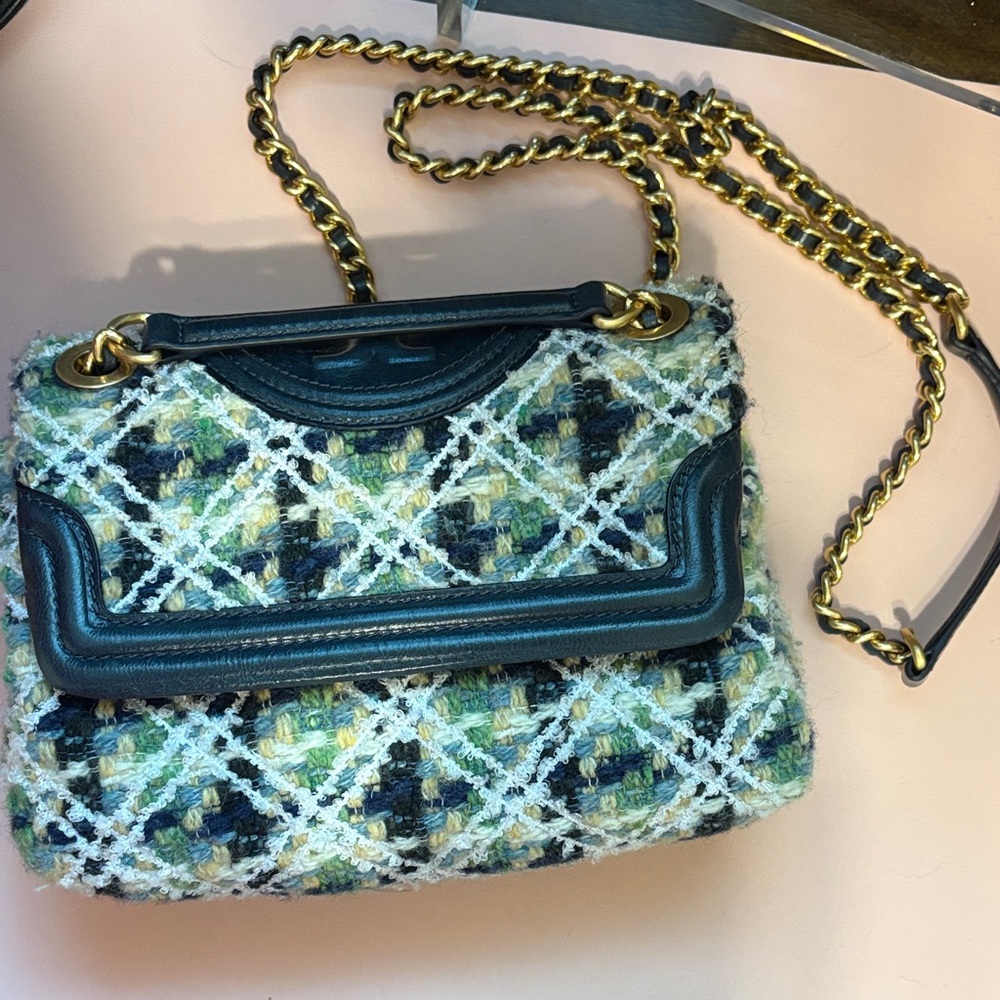 Tory Burch Tweed Shoulder Bag - Navy, Green, and Cream